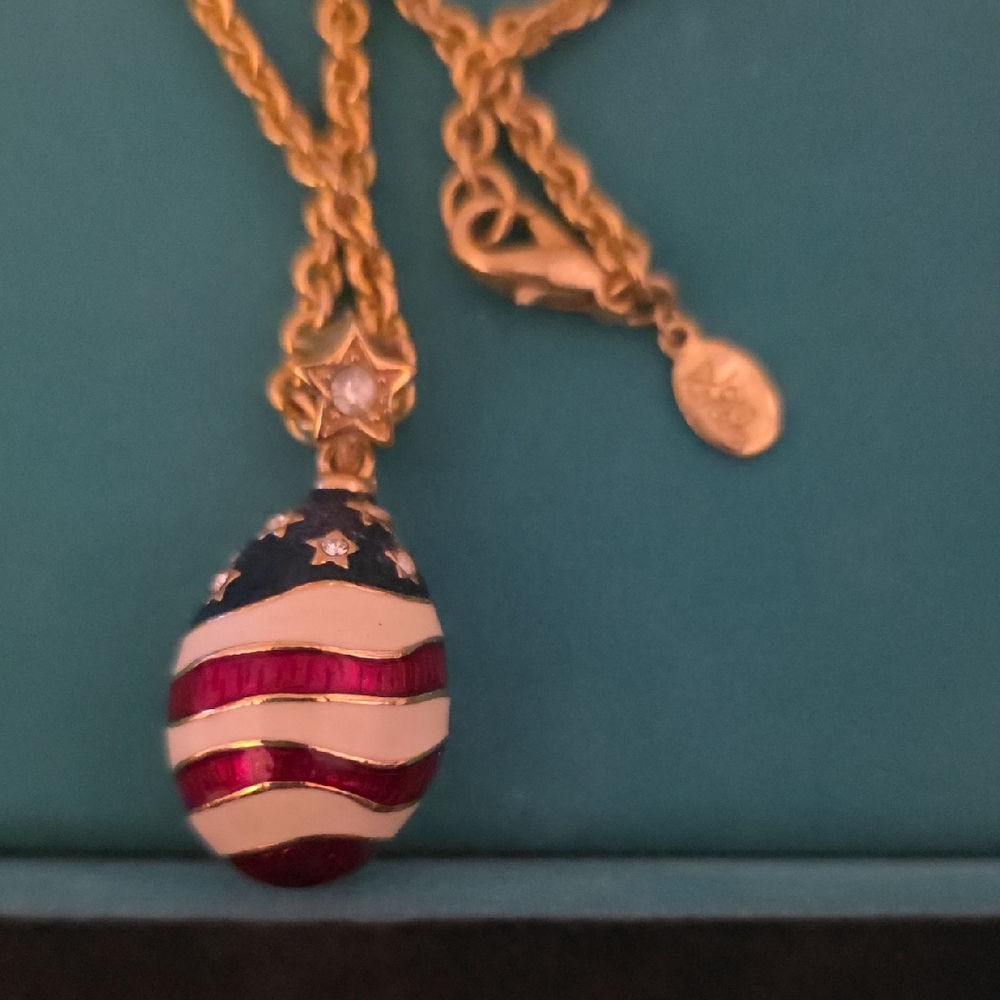 Joan Rivers Gold Necklace with Red, White, and Blue Enamel Pendant. Never Worn